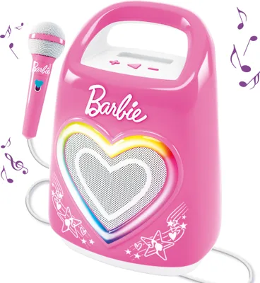 A pink Barbie karaoke machine with a microphone, set against a white background with musical notes.