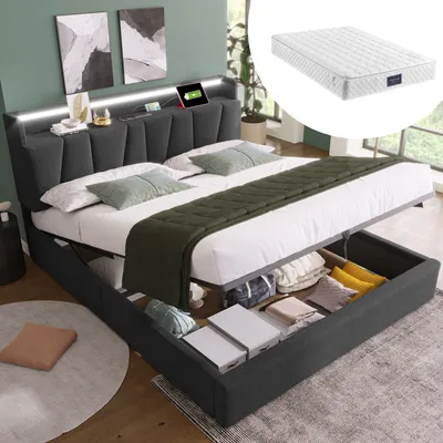 Produktbild von MODFU Polsterbett Doppelbett 140x200cm mit aufladen USB Ladefunktion und LED-Beleuchtung, Hydraulisches Boxspringbett(Mit Matratze), Grau