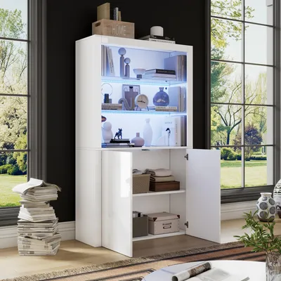 Produktbild von STILVORA Vitrinevitrinenschrank aus gehärtetem Glas mit LED-Leuchten,Hochglanz-Sideboard Highboard mit Stauraum,Hochschrank fürs Wohnzimmer