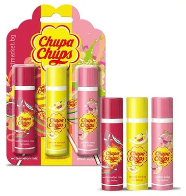 Imagen del producto de Chupa Chups, sabor a sandía; sorbete de limón; bálsamo labial con extracto de melocotón