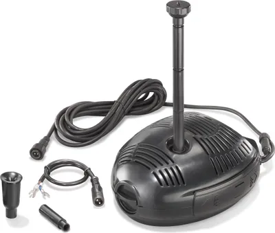 A black pond pump with accessories on a white background.