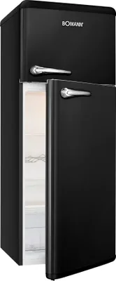 Produktbild von Bomann Kühl-Gefrier-Kombination DTR 353.1, Retro schwarz, 208 L (160 L Kühlen / 48 L Gefrieren), 147.0 x 54.5 x 58.5 cm (H x B x T), Chrom-Glas, stufenlose Temperaturregelung, geräuscharm, 3 Glas-/5 Türablagen, 184 kWh/Jahr, 2.5 kg/24h