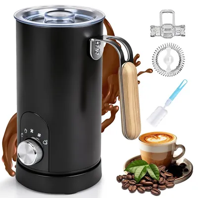 Produktbild von Milchaufschäumer elektrisch 5 in 1, 350ml Milchschäumer, heiß & kalt aufschäumen, Milch erhitzen, für Latte, Cappuccino & heiße Schokolade, mit Holzgriff