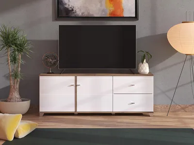 Image de Isera - Meuble TV, 162x40x60h cm Blanc, 2 Tiroirs