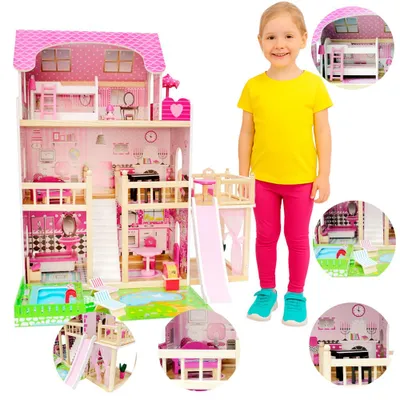 Produktbild von 4iQ Solid Puppenhaus aus Holz für Kinder Pink mit Schwimmbad 83x59,5x90 cm