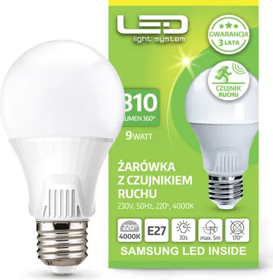 Immagine prodotto di Lampadina LED E27 A60 9W = 60W 810lm 4000lm Neutro 220° KOBI Sensore di movimento e crepuscolare