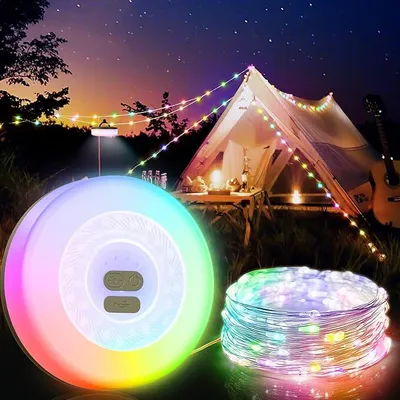 Produktbild von Camping-Lichterkette, 2-in-1 bunte Lichterkette, 7M Campinglampe, Wasserdicht Verstaubare, wiederaufladbare LED-Camping-Laterne für Outdoor-Zelt