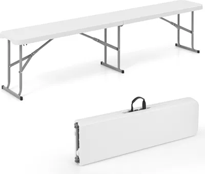 A white folding bench is shown in its unfolded and folded states against a white background.
