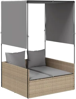 Produktbild von Doppel-Sonnenliege mit Dach und Vorhängen, Gartenliege aus Poly Rattan, Sonneninsel für Garten und Terrasse, 2-Sitzer Loungemöbel Beige, Inklusive Sitz- und Rückenkissen