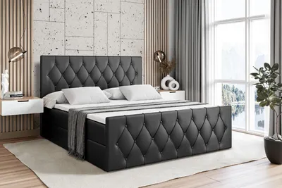 Produktbild von ALTDECOR Boxspringbett mit Matratze und Lattenrost  -  - VELANTO  - 120x200 cm Schwarz Kunstleder - Boxbett, Fußteil, Topper, Polsterbett mit Bettkasten, Bett mit Stauraum H4 -Matratze, Doppelbett, Springboxbett