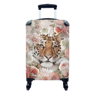 Produktbild von MuchoWow® Koffer Handgepäck Trolley Rollkoffer Kleine Reisekoffer mit 4 Rollen - Tiger - Blumen - Porträt - Cabin Size < 55x40x23 cm & 55x40x20 cm - Fotokoffer - Kabinenkoffer - Boardgepäck - Reise-Box - Reisekoffer - Reisegepäck - Koffer mit Bild - Trolley für Kinder