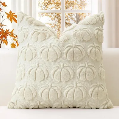 Productafbeelding van Kussensloop, pompoenmotief, pluche, wol, crèmebeige, 45x45 cm, 1 stuk