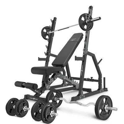 Produktbild von Marbo Sport - Set MS3_2.0_83KG_G | Doppelseitige Bank + Verstellbare Hantelablage mit Notablage und Abstandsverstellung + Stangen- und Hantelscheiben gummiert Set 83 kg