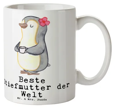 Produktbild von Mr. & Mrs. Panda Tasse Pinguin Beste Stiefmutter der Welt - Weiß - Geschenk, Geschenkidee, Mama, Danke, kakaobecher, Becher, Tochter, Muttertag, Henkeltasse, Kaffeetasse