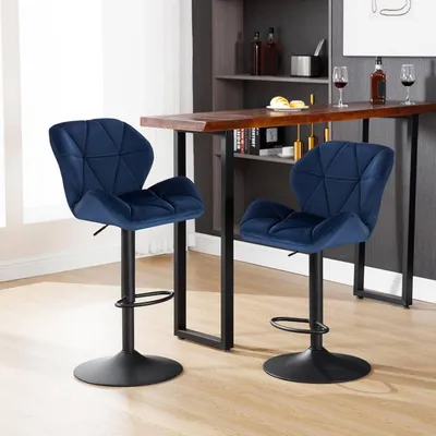 Image de 2 tabourets de bar réglables, avec dossier et assise pivotante en velours | Bleu | 50x40x94-116 cm
