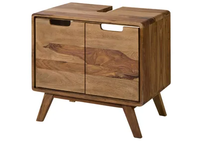 A wooden cabinet with two doors and angled legs, shown against a white background.
