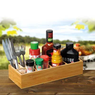 Productafbeelding van Bamboe houten Opbergdoos met 8 vakken - Barbecue Bbq Grill box - Buffet box - Voor Opbergen van sauzen specerijen bestek etc