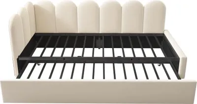 Produktbild von Polsterbett Daybett Ohne Matratze 90x200 cm Beige Samt Mit Ausziehbett 90x190 Cm Kinderbett Lattenrost Polsterschlafsofa
