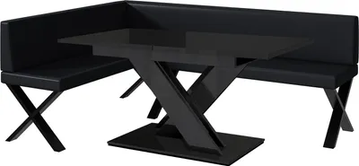 Produktbild von MEBLINI Eckbank für Esszimmer mit ausziehbarem Tisch - Küchenbank - Essecke - Sitzecke Küche - ERIC - X-Beine 142x196x87cm Links - Schwarz Kunstleder/B Schwarz Hochgl.
