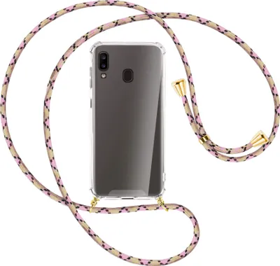 Produktbild von Handykette Backcover-Schutzhülle mit Band (Metall goldfarben) für Samsung Galaxy A20e - rosa Karo