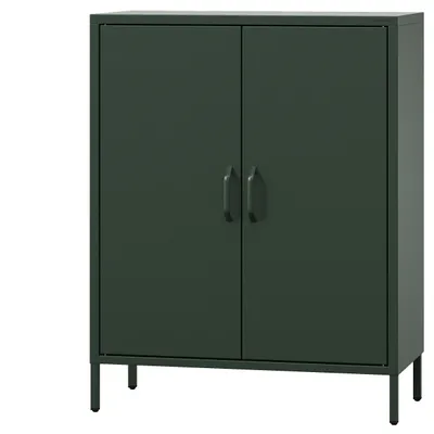 A dark green metal cabinet with two doors and four legs, displayed against a white background.