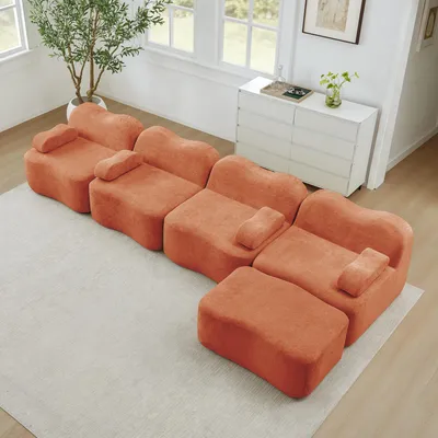 Produktbild von 4-Sitzer L-förmiges modulares Ecksofa, 1 Ottomane, Wellenform, 32D Hochdichtschaum, lose Armlehnenkissen, weicher Stoff, Wohnzimmer