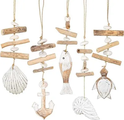 Immagine prodotto di Decorazione da parete in legno in stile marittimo con conchiglie, tartaruga e ancora, 35-40 cm