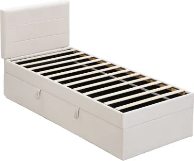 Produktbild von Flieks Polsterbett Einzelbett 90x200cm Stauraumbett mit Lattenrost, Jugendbett Boxspringbett mit Stauraum Boxbett, beige