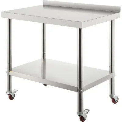 Immagine prodotto di Tavolo da lavoro in acciaio inox - Ripiano regolabile in altezza - Tavolo da cucina con ruote - 91,4 x 61 x 89 cm