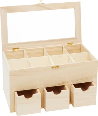 Produktbild von VBS Teebox mit 3 Schüben und Sichtfenster, Rohholz, ca. 31,5x16,5x16,5cm