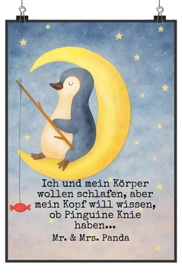 Produktbild von Mr. & Mrs. Panda Bild Pinguin Mond Design DIN A0 - Weiß - Geschenk, Kunstdruck, schlafen, Schlafzimmer, Wanddekoration, Spruch, Plakat, Süßigkeiten, Neugierig, poster