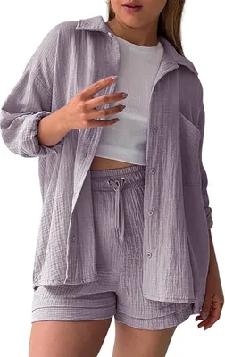 Produktbild von Musselin Baumwoll-Zweiteiler für Damen - Leichtes Sommerhemd und Shorts - Lässiges und Schickes Strand-Outfit - Bequemes Freizeitset für Frauen