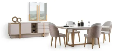 Produktbild von Esszimmer Set Moderner Stil Beigefarbene Polsterstühle Holzgestell