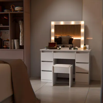 Produktbild von Juskys Schminktisch Talea und Hocker Melly mit LED, 7 Schubladen & großem Spiegel – Weiß