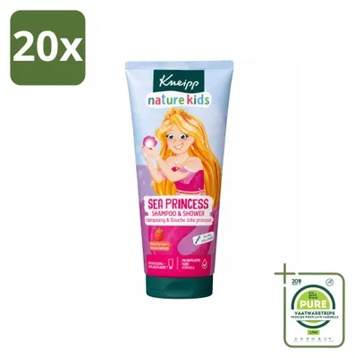 Image de 20 flacons de shampooing et gel douche Kneipp Nature Kids, gamme "Prinsessen" (Princesse), 200 ml chacun. Lot de 20 pièces