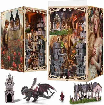 Immagine prodotto di Habarri | Libreria fai da te - Il castello del drago - Puzzle 3D - Kit casa in miniatura con mobili e luce LED - Kit libreria