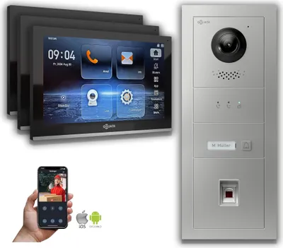 Produktbild von Goliath IP Video Türsprechanlage mit Kamera 10-Zoll Fingerprint Anzeige Silber : 3 Monitore : 10 Zoll Schwarz : Unterputzdose Monitor Anzahl: 3 Monitore Monitor Farbe: 10 Zoll Schwarz Montage: Unterputzdose