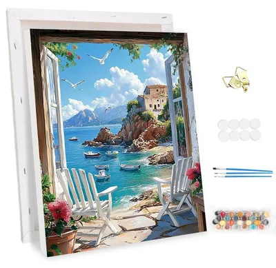 Image de Kit de peinture par numéros pour adultes, avec cadre, représentant une vue sur la mer, dimensions 30x40 cm
