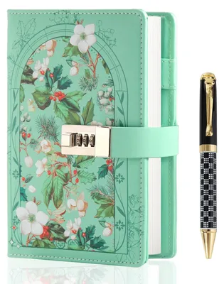 Productafbeelding van Dagboek met slot, formaat A5, met lijntjes, inclusief pen en cadeauverpakking, bloemenmotief, groen