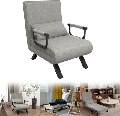 Zdjęcie produktu dla UISEBRT rozkładana sofa 3 w 1 - fotel, sofa i rozkładane łóżko z metalową ramą, gruba tapicerka, zdejmowany lniany pokrowiec, jasnoszary, regulacja w 5 kierunkach