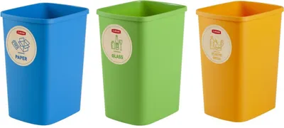 Three recycling bins for paper, glass, and plastic/metal, each with a label indicating its purpose.
