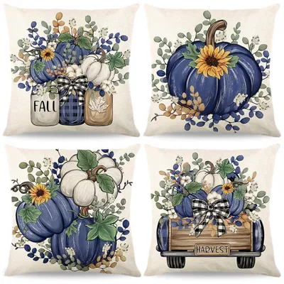 Productafbeelding van 4 kussenslopen, herfstmotief, 40x40 cm, linnenlook, decoratie