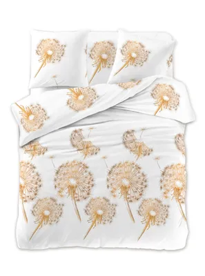 A flat lay of a duvet cover and pillowcases with a dandelion seed pattern.