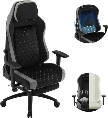 A collage of images showcasing a gaming chair, including close-ups of its features and a split view highlighting its construction.