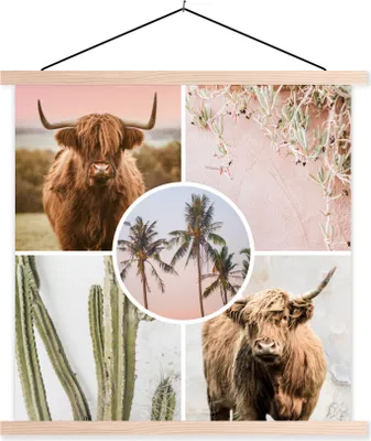 Produktbild von MuchoWow® Textilposter Schottische Hochlandrind - Collage - Pflanzen 120x120 cm mit holzfarbenen Rahmen - Textil-Poster