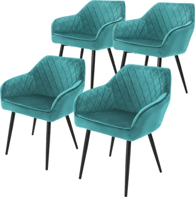 Four teal dining chairs with diamond tufting and black metal legs are arranged on a white background.