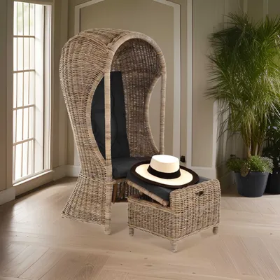 Produktbild von KRINES HOME Strandkorb 1-Sitzer "Beach" aus echtem Rattan Rattansessel Flecht-Sessel mit Dach Single für eine Person (Grau Natur mit Hocker)