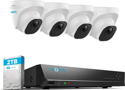 Produktbild von Sada vonkajších bezpečnostných kamier Reolink 4K, 8CH videodohľad so 4x 8MP PoE IP kamerou a 2TB HDD NVR na nepretržité nahrávanie vo vnútorných priestoroch vonku, detekciu osôb a vozidiel, IP66, RLK8-800D4-A