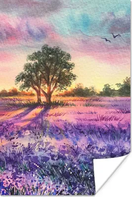 Produktbild von MuchoWow® Poster Lavendel - Farbe - Vögel - Bäume - Lila 60x90 cm - Wanddekoration