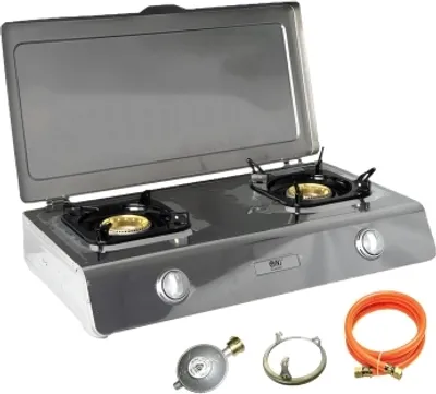 Produktbild von NSD-2C Edelstahl Gaskocher 2 flammig mit Deckel Zündsicherung Campingkocher- ohne Gaskartuschen